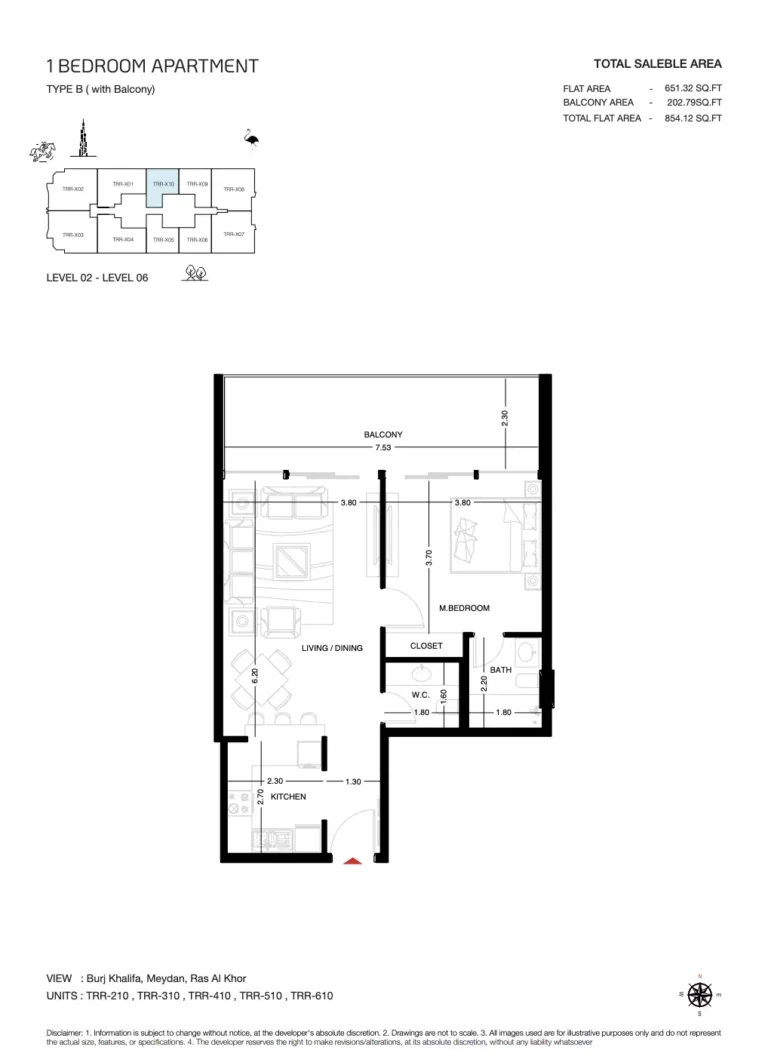 The Roof Residence floor plan 1-спальн. · 854 sqft