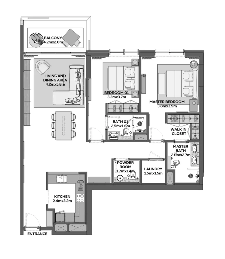 Sidr Residences floor plan 2 BR · 1377 sqft