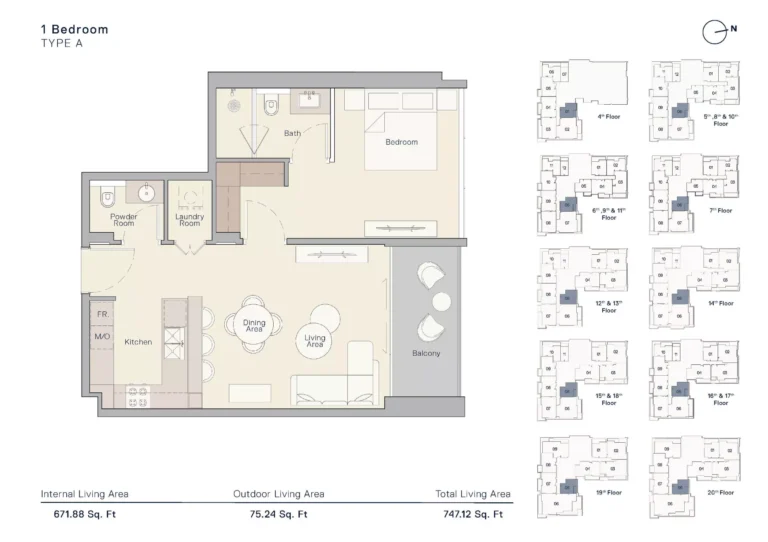 The Crestmark floor plan 1-спальн. · 747 sqft