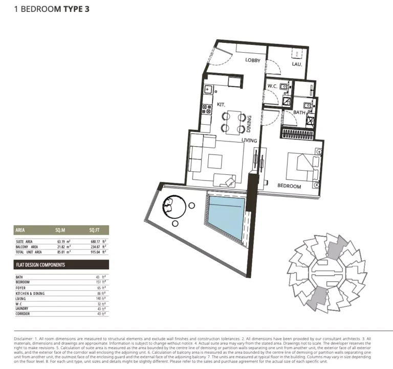 Binghatti Grove floor plan 1 BR · 915 sqft