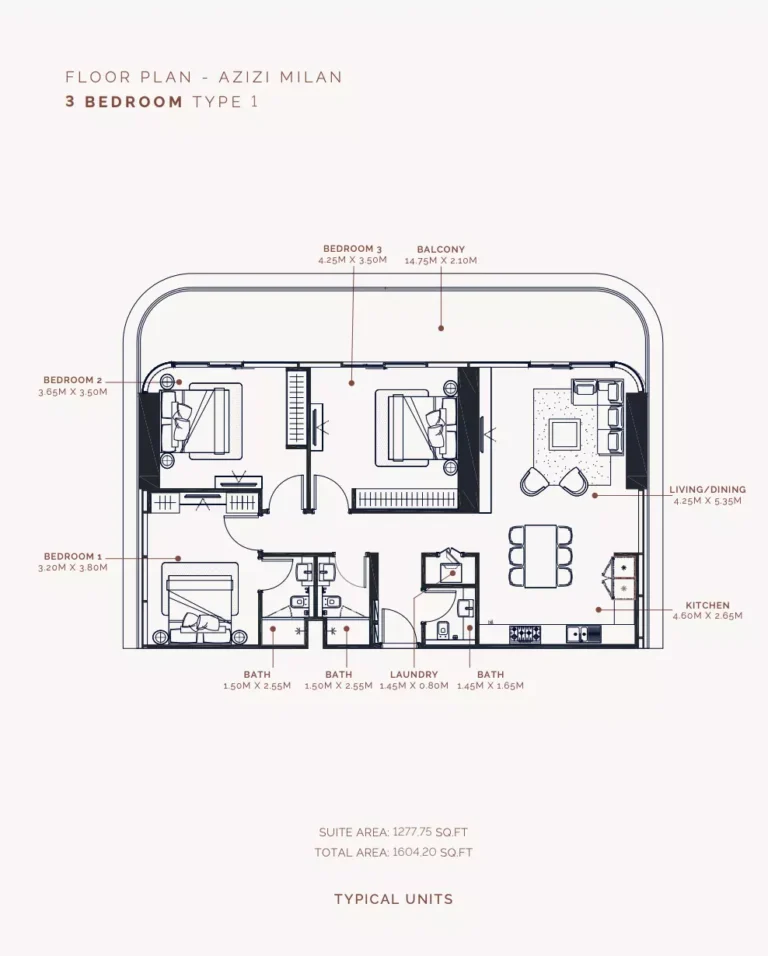 Azizi Milan 51 floor plan 3 BR · 1277 sqft