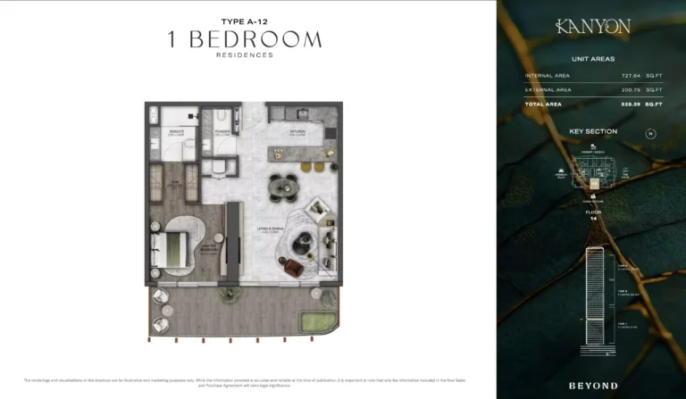 Kanyon by Beyond floor plan 1-спальн. · 928 sqft