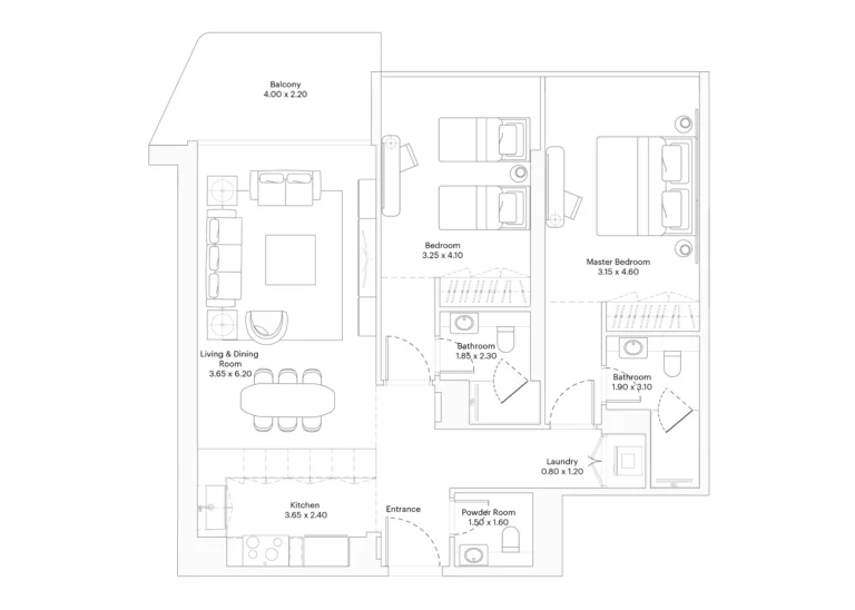 Eleve by Deyaar floor plan 2 BR · 1124 sqft