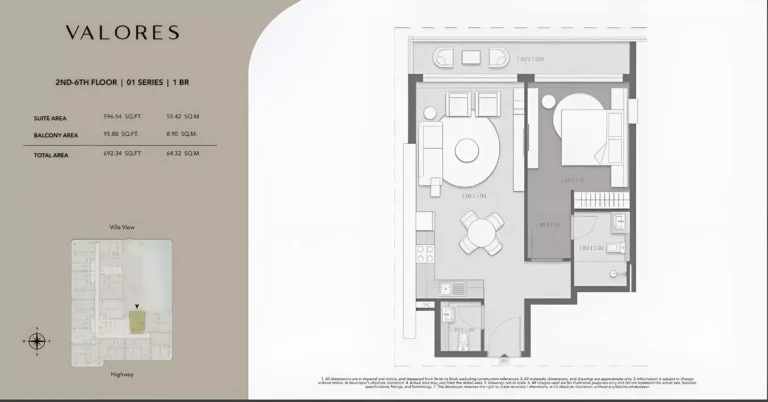 Valores Residences floor plan 1-спальн. · 692 sqft