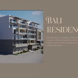 Exterior render of a mid-rise residential building with balconies