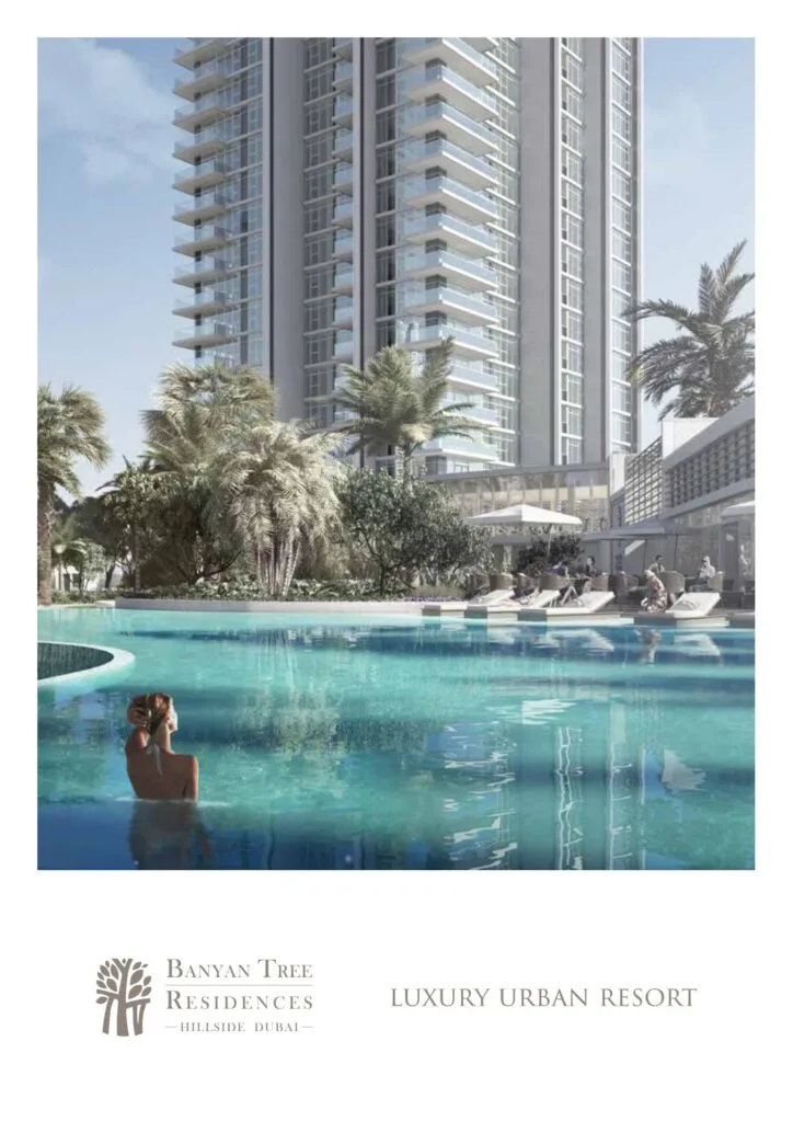 High-rise residential building with pool and palm trees