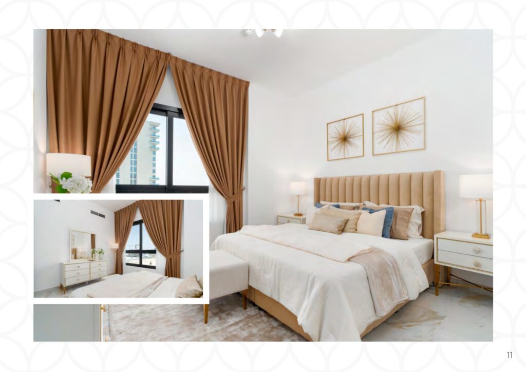 Bedroom interior with bed, bedside tables, and brown curtains