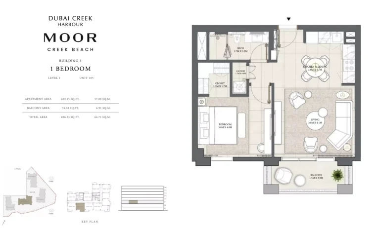 Moor at Creek Beach floor plan 1-спальн. · 696 sqft
