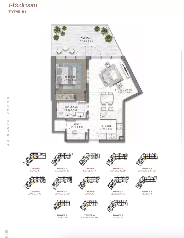 Damac District floor plan 1-спальн.