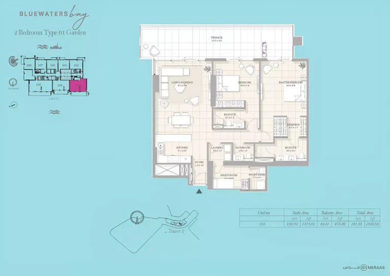 Bluewaters Bay floor plan 2-спальн. · 1952 sqft