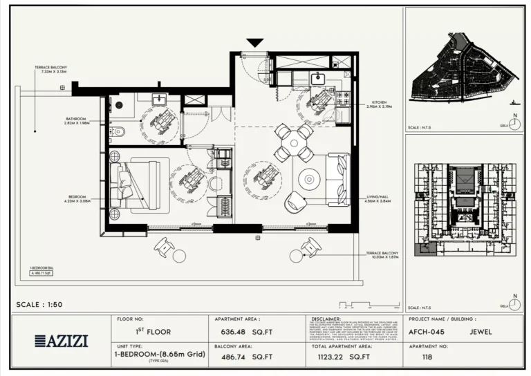 Azizi Jewel floor plan 1-спальн. · 1123 sqft