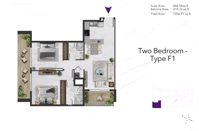 Amethyst by Siroya floor plan 2-спальн. · 1057 sqft
