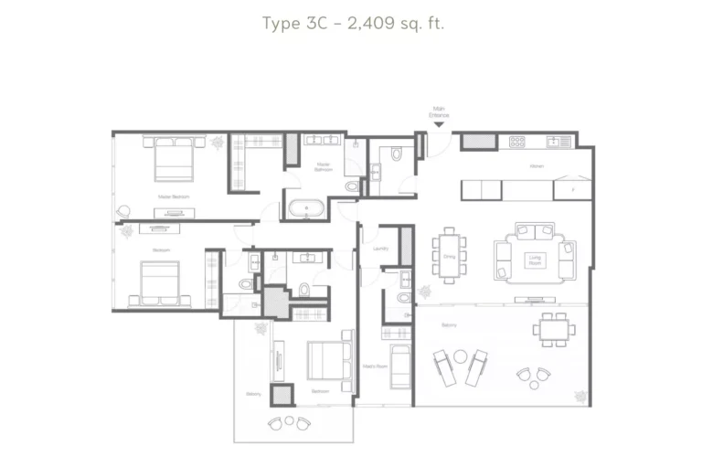 Banyan Tree Residences floor plan 3-спальн. · 2409 sqft