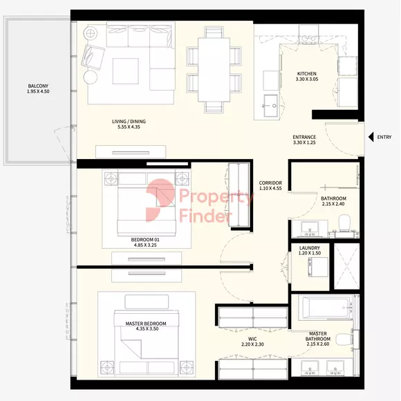 Naya at District One floor plan 2-спальн. · 1226 sqft