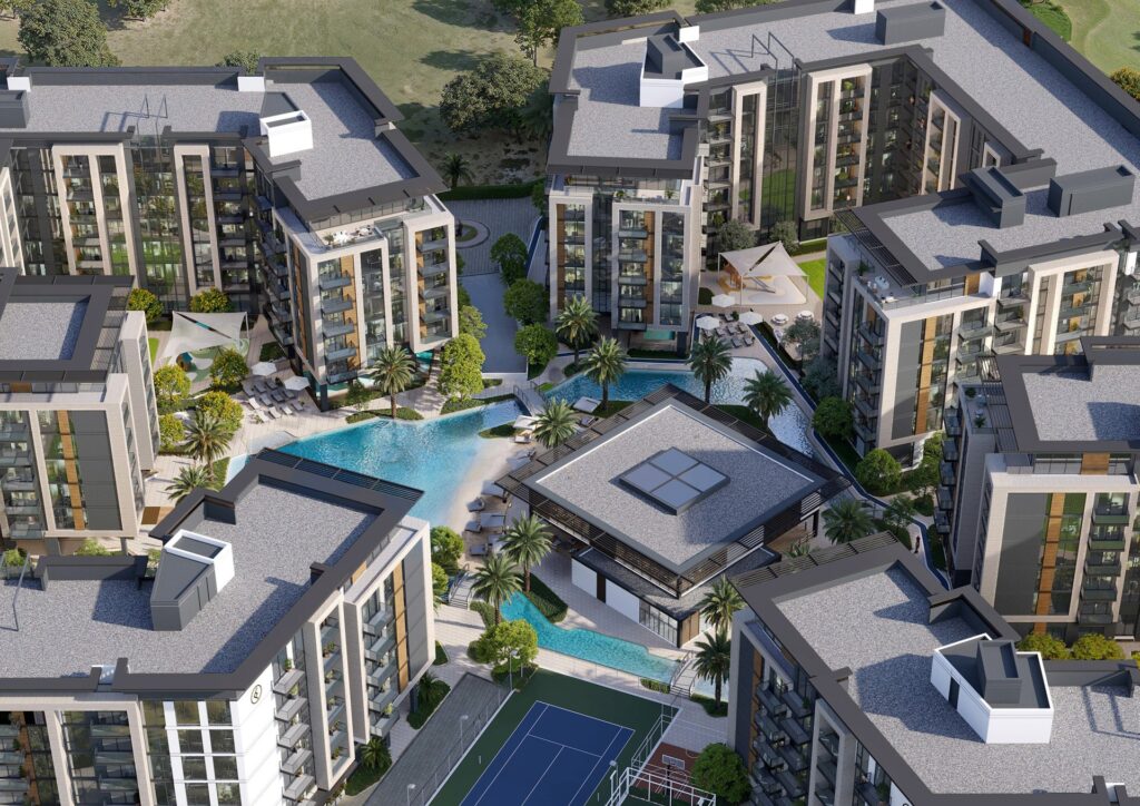Aerial view of residential buildings with courtyard and pool