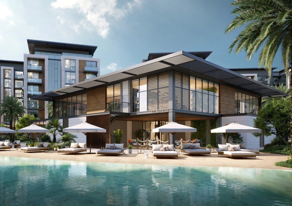 Modern clubhouse building with pool and sun loungers