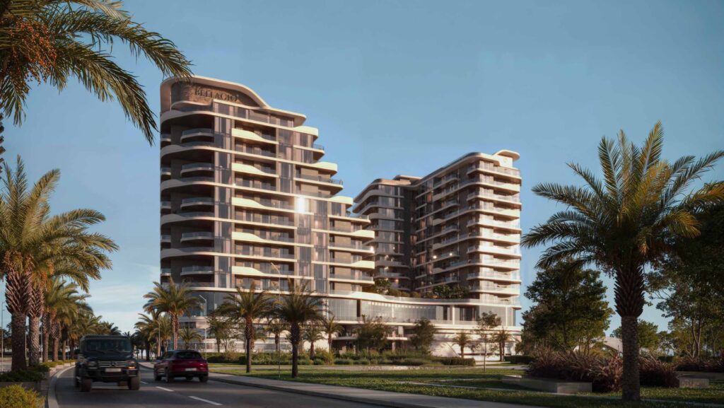 Exterior view of modern multi-story residential buildings with palm trees