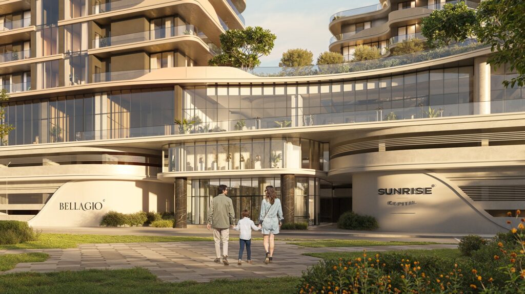 Exterior view of modern residential building entrance with landscaping