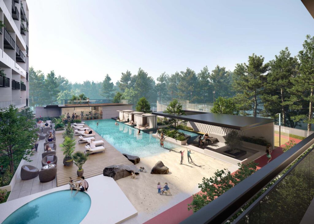 Outdoor pool area with lounge chairs, cabanas, and trees