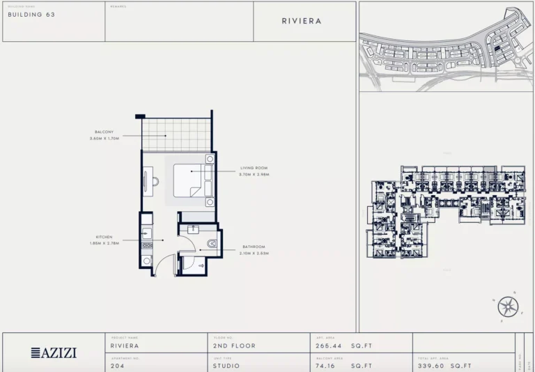 Azizi Riviera 63 floor plan Студия · 339 sqft