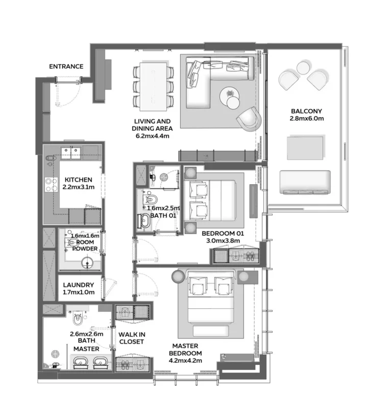 Sidr Residences floor plan 2 BR · 1388 sqft