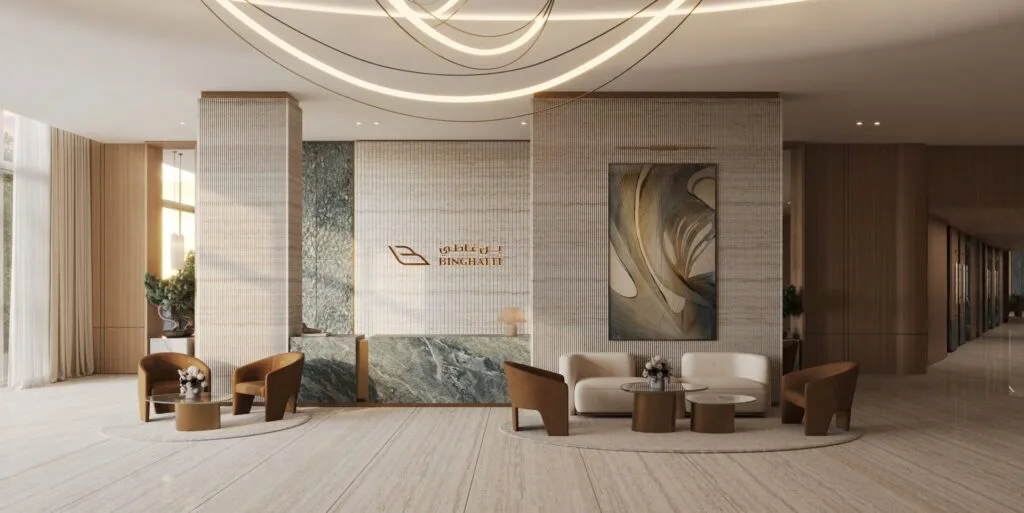 Modern lobby interior with seating and reception desk