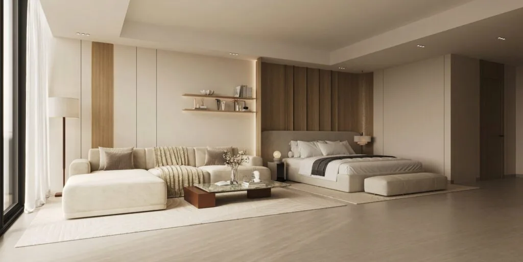 Interior render of a modern studio apartment with bed and sofa