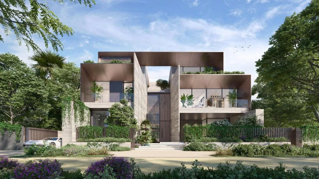 modern multi-level residential building with large windows and greenery