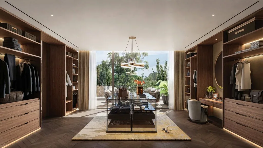 Interior render of a master dressing room with wooden shelves and glass table
