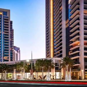 Boulevard Crescent twin towers on Mohammed bin Rashid Boulevard at dusk, Downtown Dubai