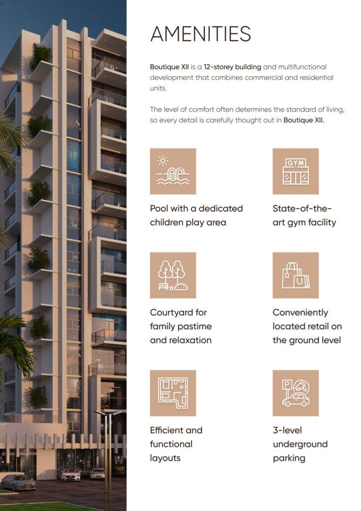 Exterior view of a 12-storey residential building with balconies