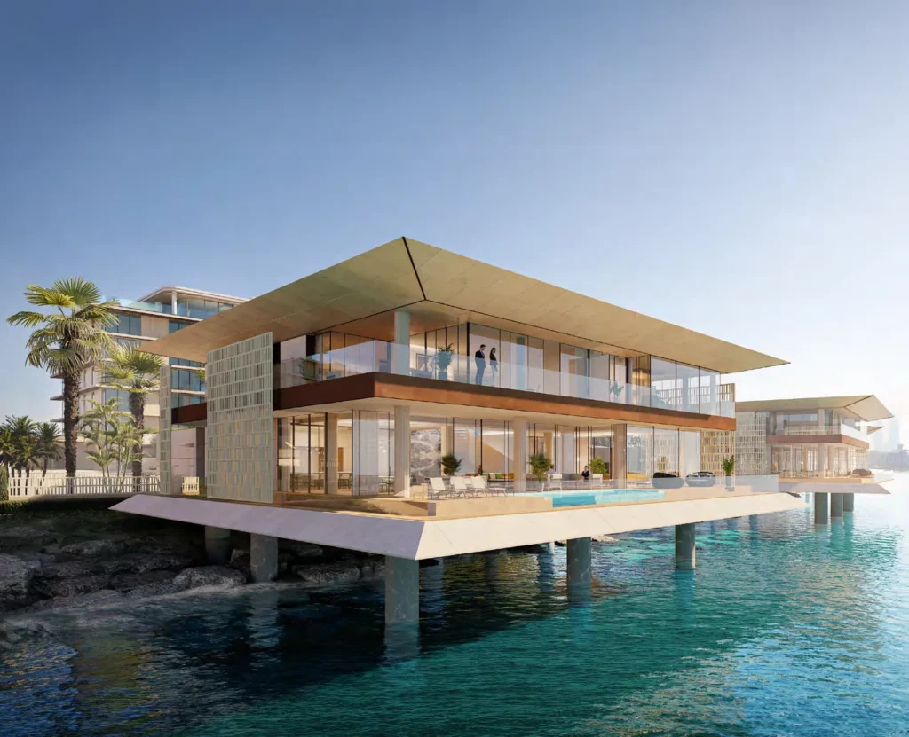 Bulgari Ocean Mansion villa with timber roof and terrace standing over the water (developer rendering)
