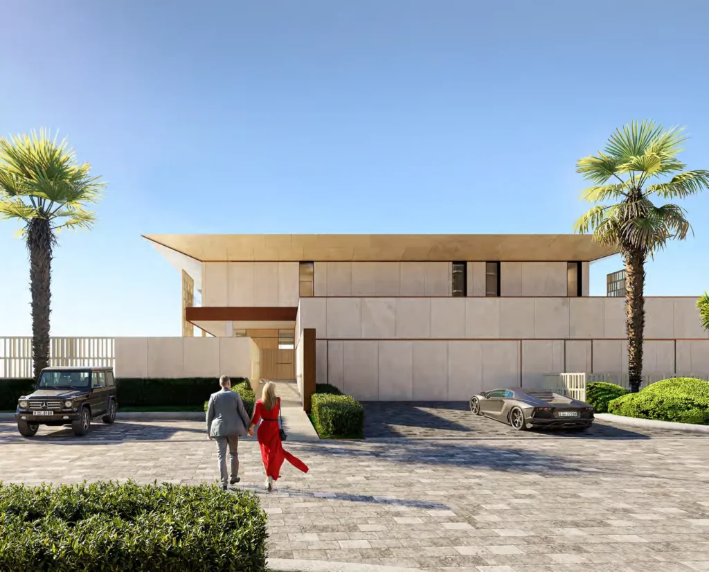 Private Bulgari mansion entrance with palms, driveway and landscaped garden at dusk (developer rendering)