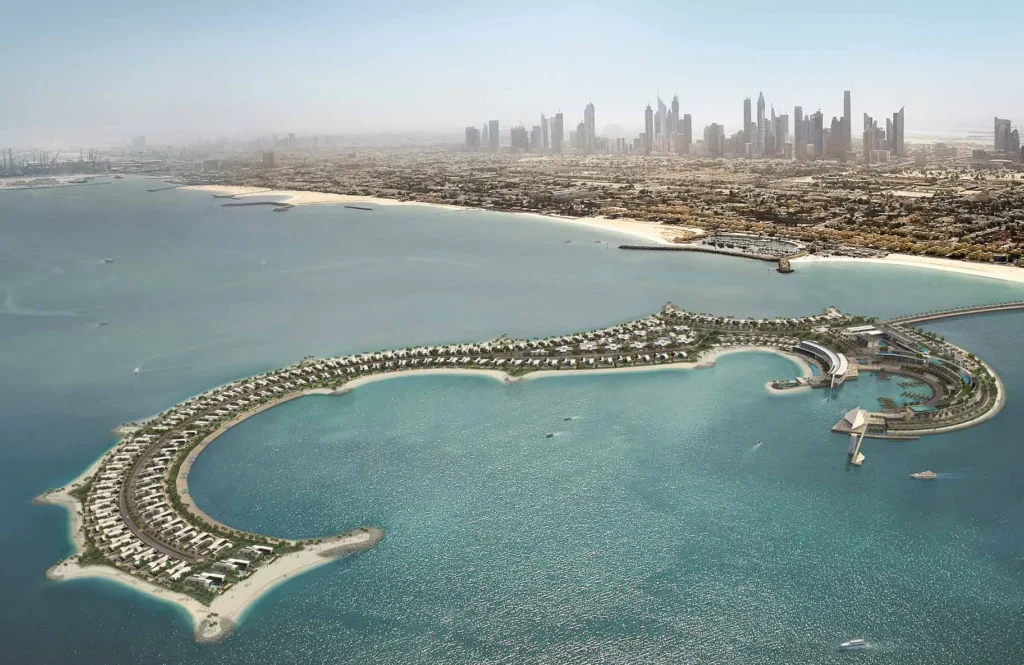 Aerial view of crescent-shaped Jumeirah Bay Island with resort, marina and villas (developer rendering)