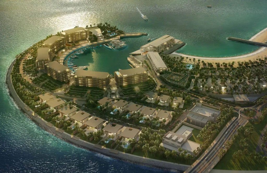 Aerial view of Bulgari Resort and Residences blocks around the island marina (developer rendering)