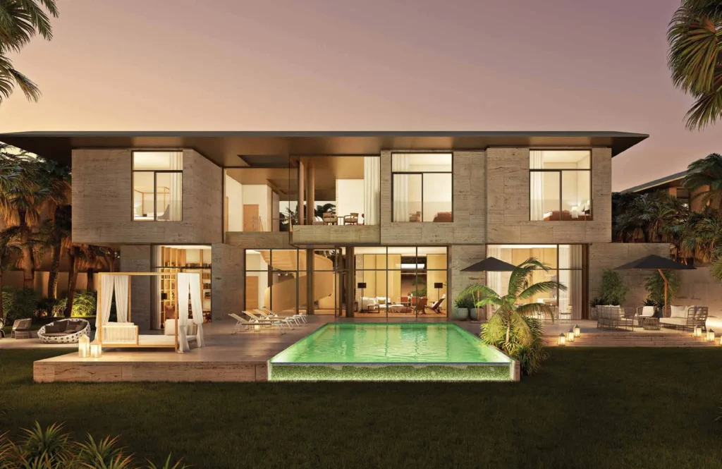 Private Bulgari mansion with swimming pool and garden at dusk (developer rendering)