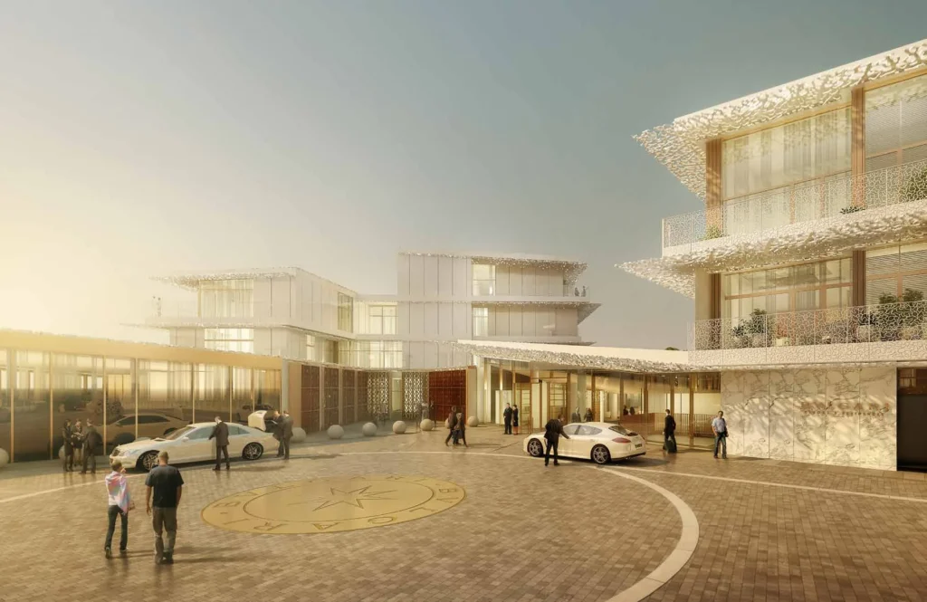 Arrival courtyard of Bulgari Resort and Residences with perforated facade and guests (developer rendering)