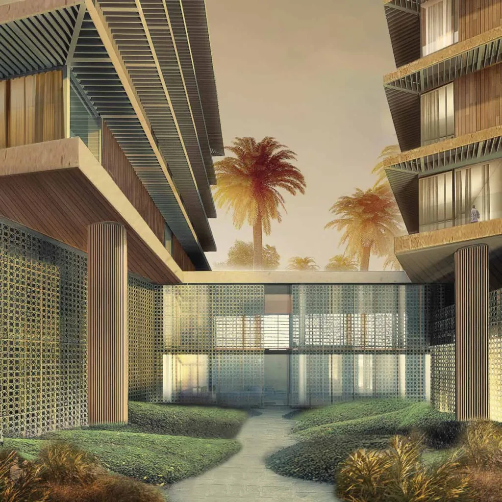 Landscaped courtyard between residential blocks with palms and timber screens (developer rendering)
