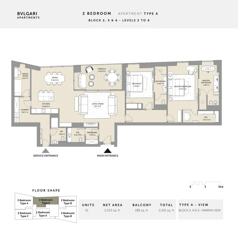 Bulgari Resort & Residences floor plan 2 BR · 2241 sqft