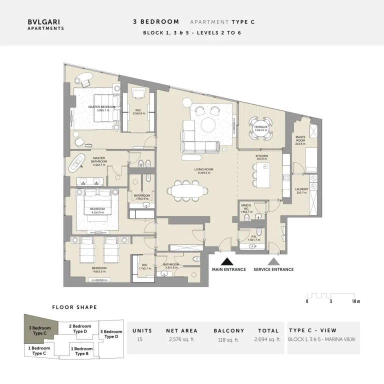 Bulgari Resort & Residences floor plan 3 BR · 2694 sqft