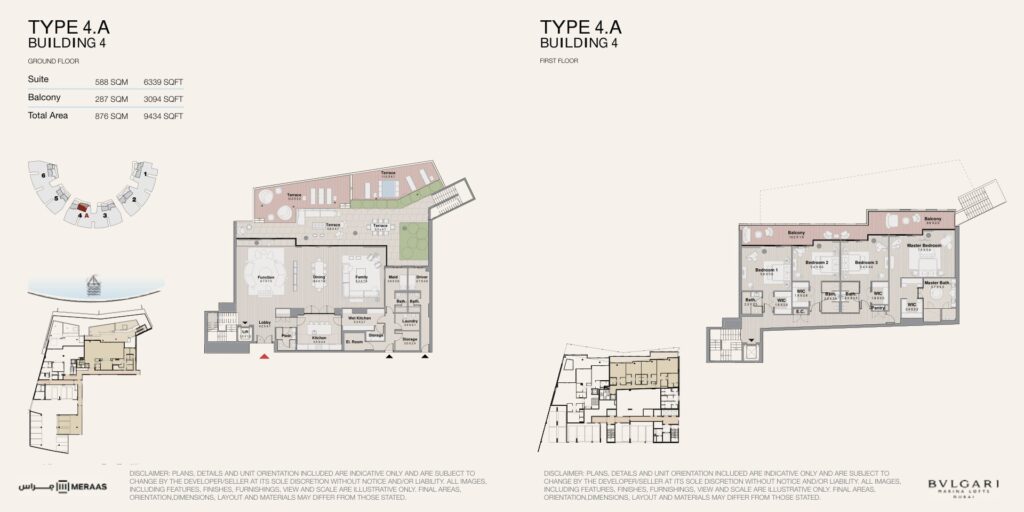 Two floor plans of a building with room labels and balconies