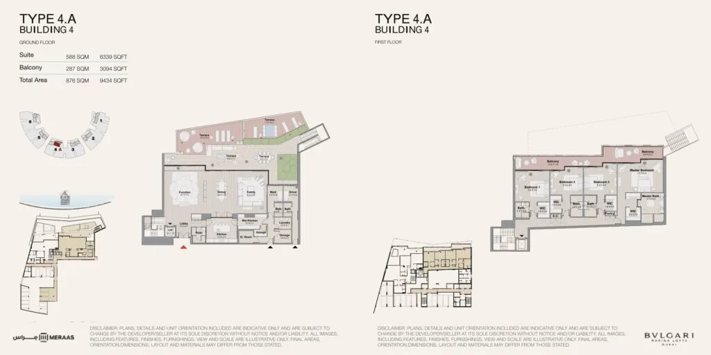 Two floor plans of a building with room labels and balconies