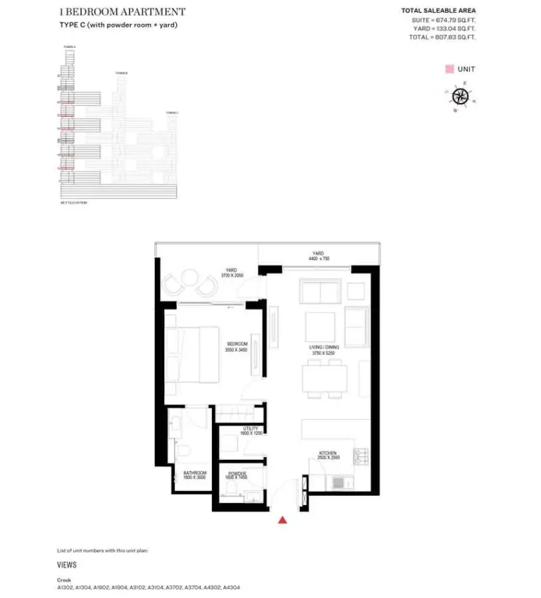 Sobha One floor plan 1 BR · 807 sqft