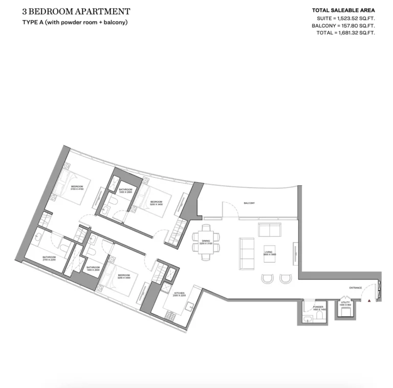 Skyvue Stellar floor plan 3-спальн. · 1681 sqft