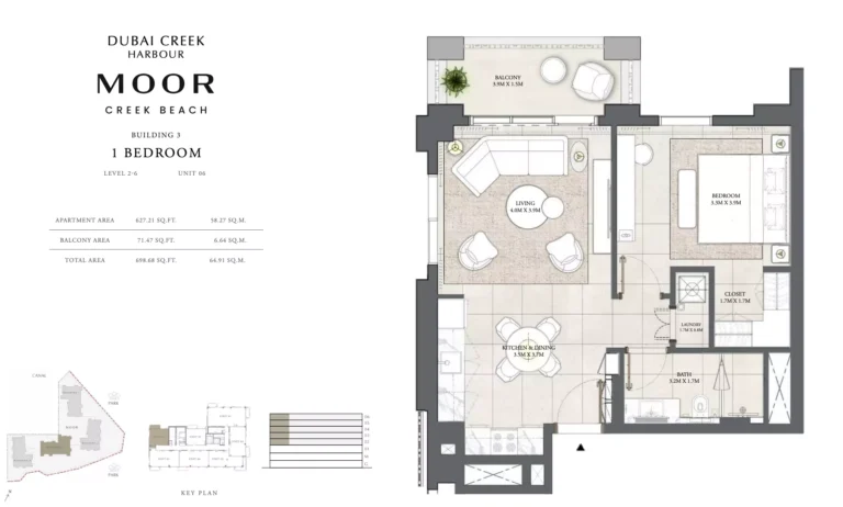 Moor at Creek Beach floor plan 1-спальн. · 698 sqft