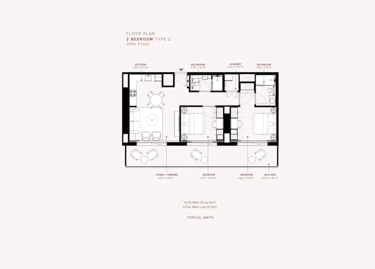 Azizi Milan Heights floor plan 2 BR · 1102 sqft