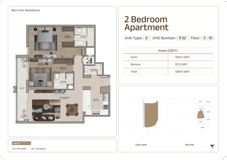 Marriott Residences Sheikh Zayed Road floor plan 2 BR · 1285 sqft