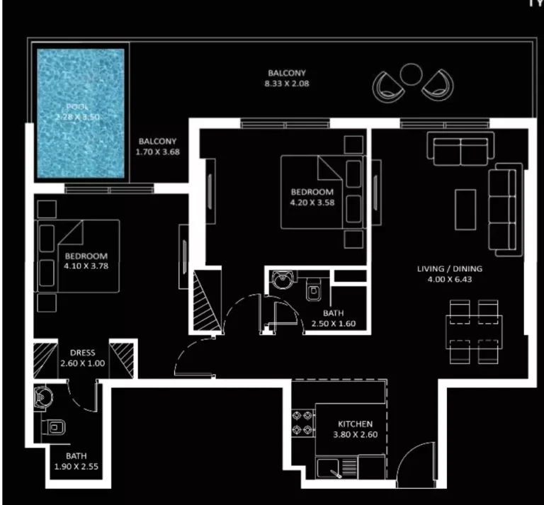 Diamondz by Danube floor plan 2-спальн. · 1519 sqft