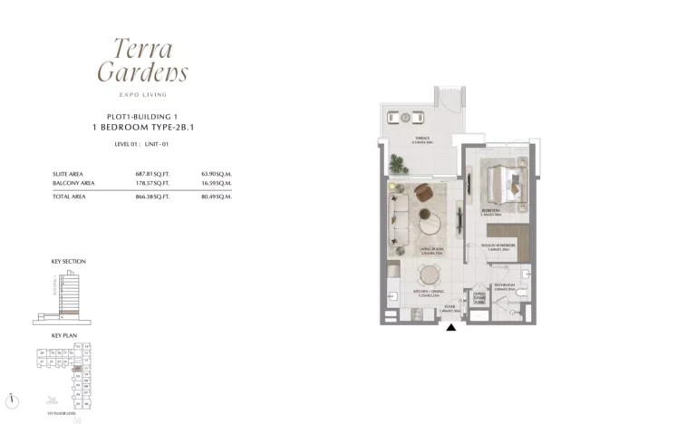 Terra Gardens floor plan 1-спальн. · 866 sqft