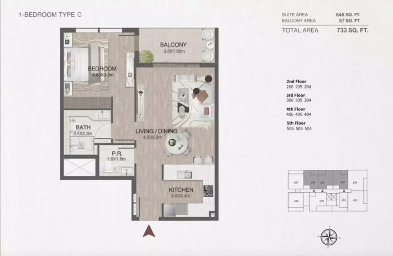 One by Nine floor plan 1 BR · 733 sqft